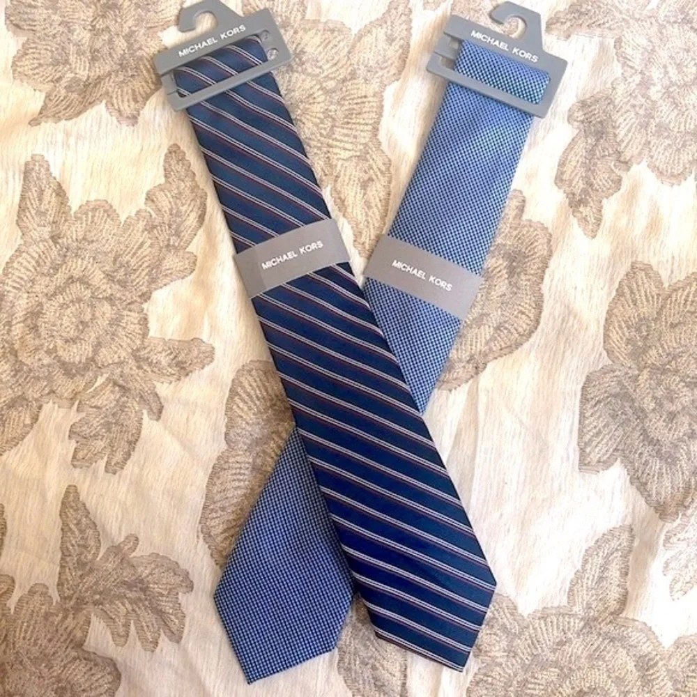 Brand New Michael Kors Set of 2 Ties Satin Sheen Stripes Blue Office Business